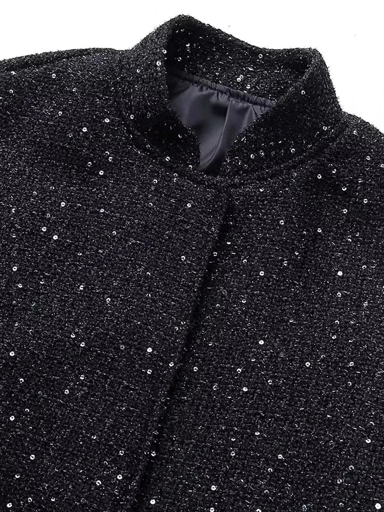 Women Shiny Sequin Stand Collar Long Sleeve Short Coat