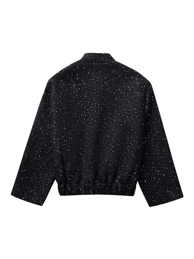 Women Shiny Sequin Stand Collar Long Sleeve Short Coat