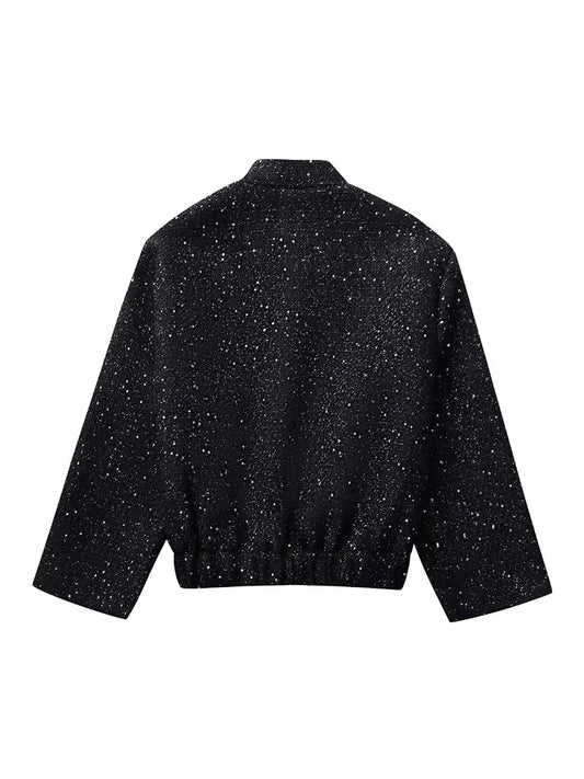 Women Shiny Sequin Stand Collar Long Sleeve Short Coat