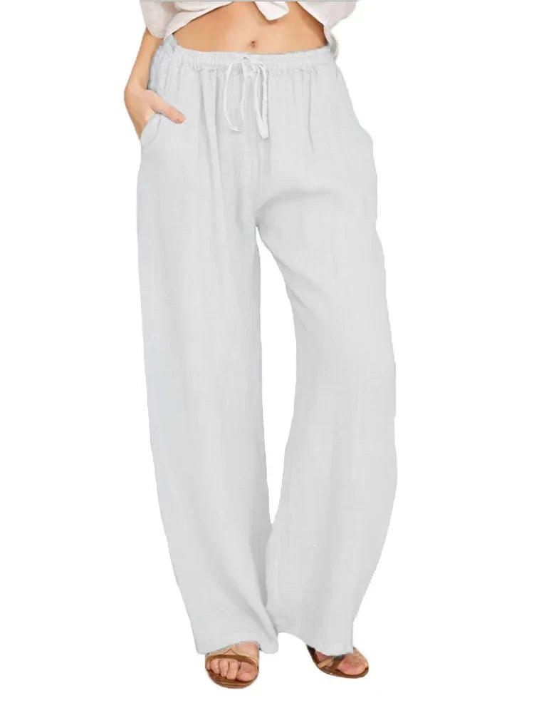 Women Cotton Linen Casual Elastic Waist Pockets Wide Leg Pants