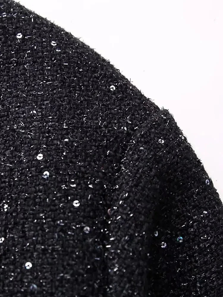 Women Shiny Sequin Stand Collar Long Sleeve Short Coat