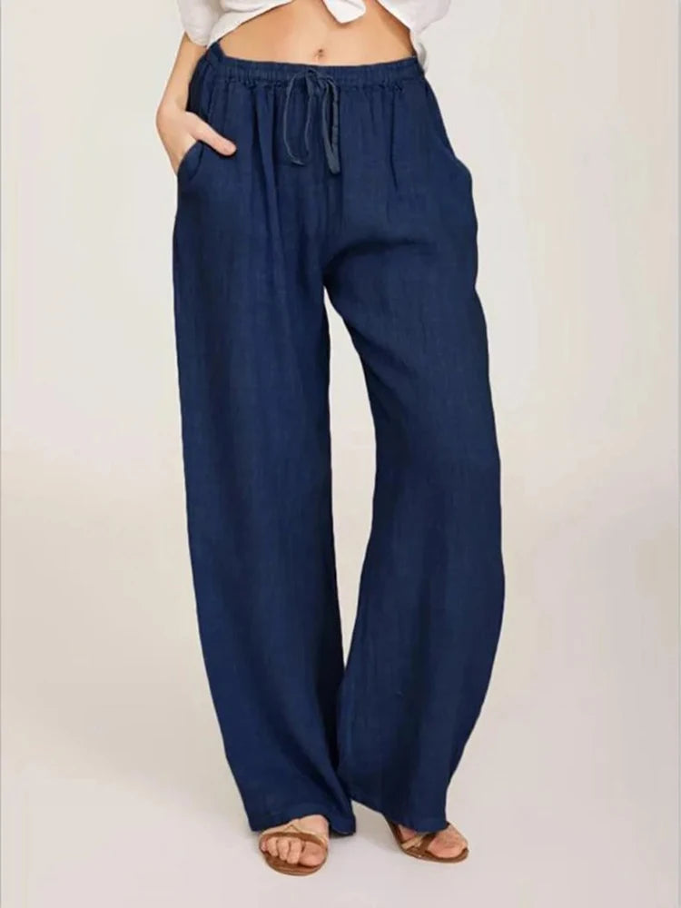 Women Cotton Linen Casual Elastic Waist Pockets Wide Leg Pants