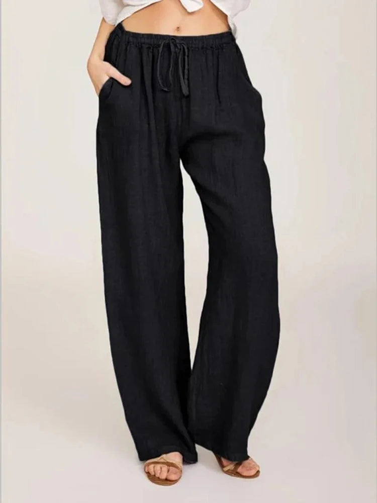 Women Cotton Linen Casual Elastic Waist Pockets Wide Leg Pants