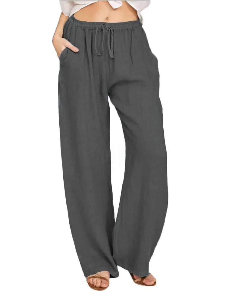 Women Cotton Linen Casual Elastic Waist Pockets Wide Leg Pants