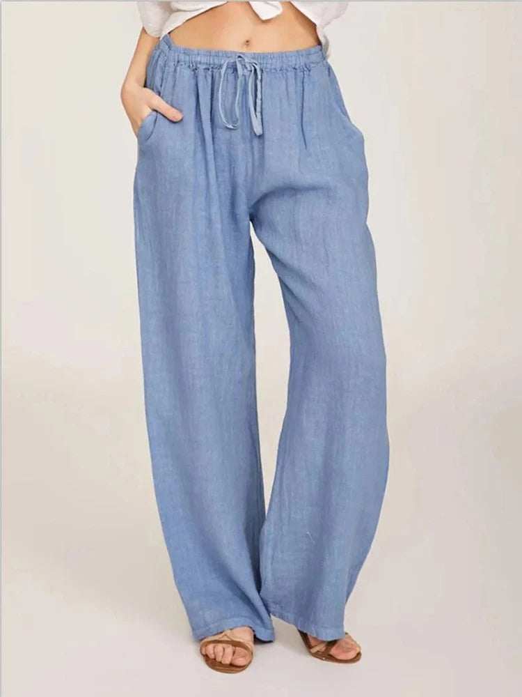 Women Cotton Linen Casual Elastic Waist Pockets Wide Leg Pants