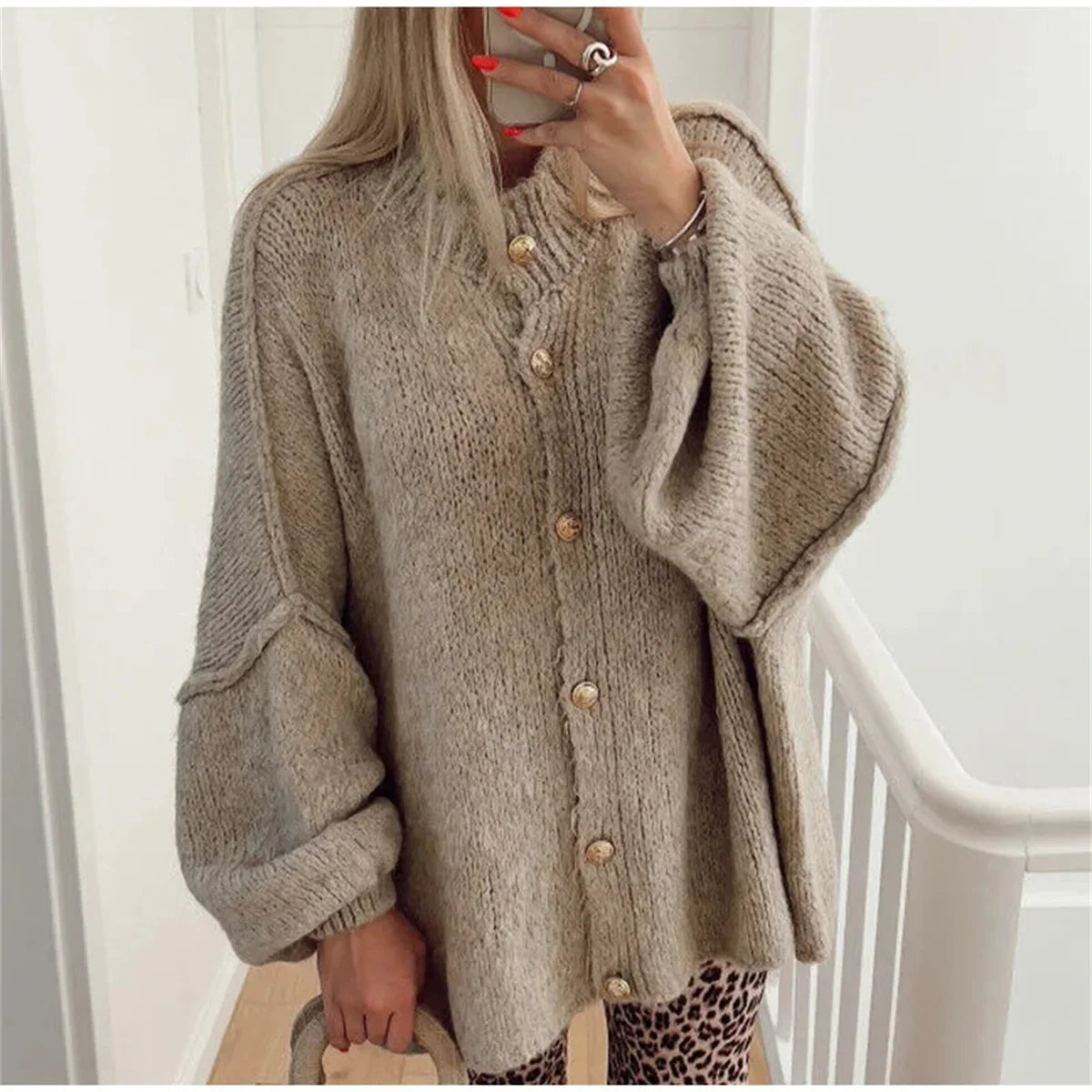 Loose O-neck Metal Button Cardigan Winter Casual Coat