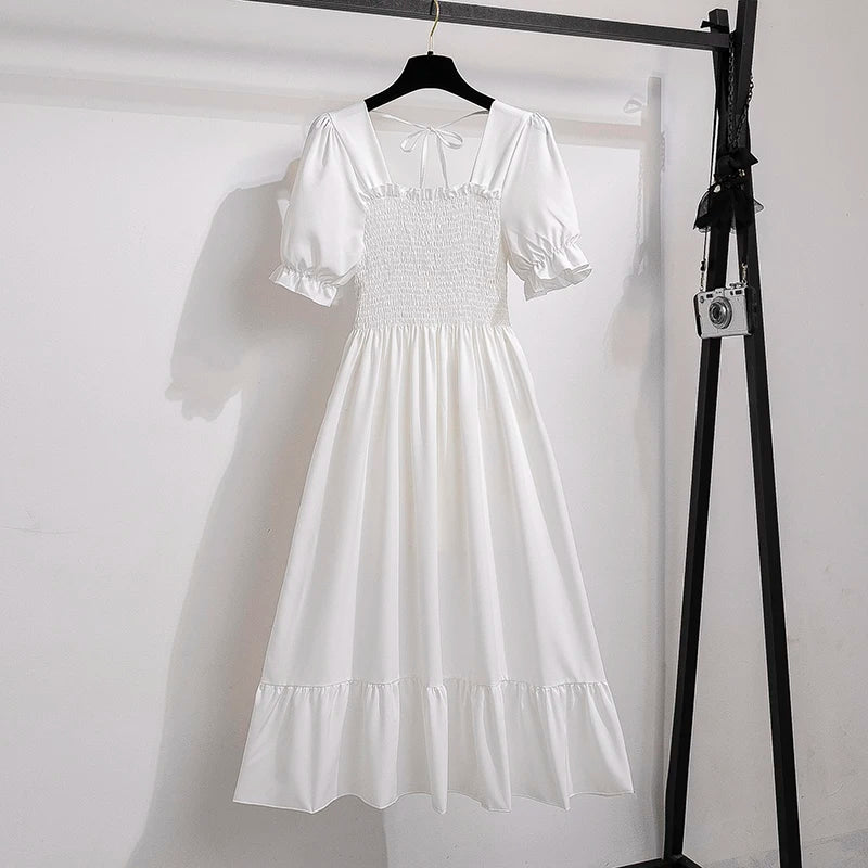 Pleated Chiffon Casual Short Sleeve Square Collar Midi Dress