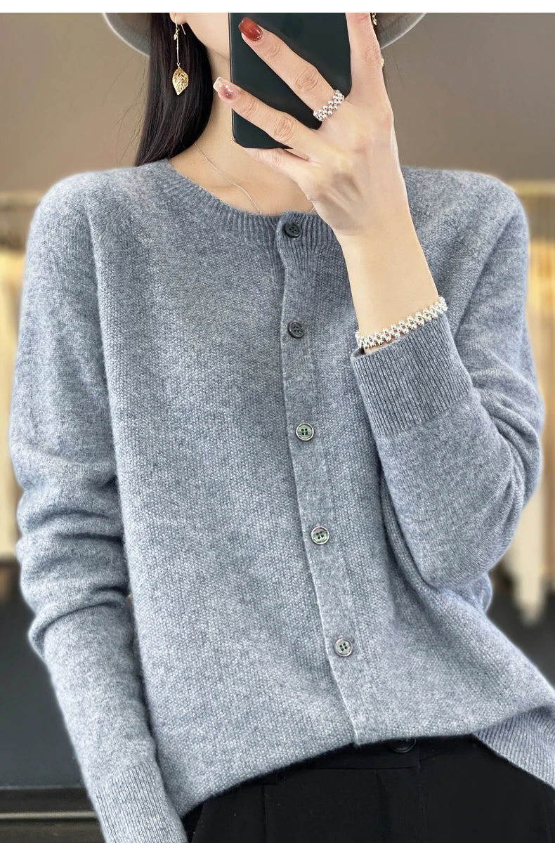 Long Sleeve 100% Wool Cashmere Cardigan O-Neck Knitwear Tops