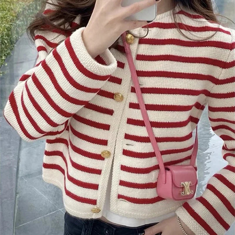 Women O-neck Stripe Knitted Cardigan Long Sleeve Sweater