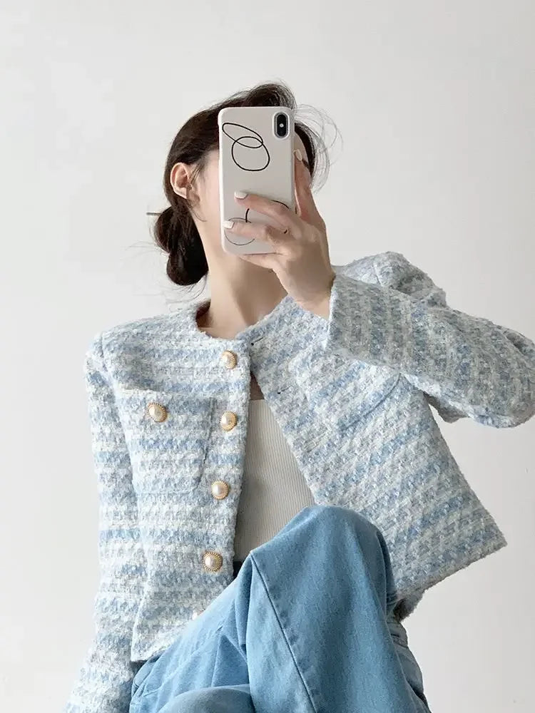 Elegant Tweed Cardigan Short Coat With Pocket