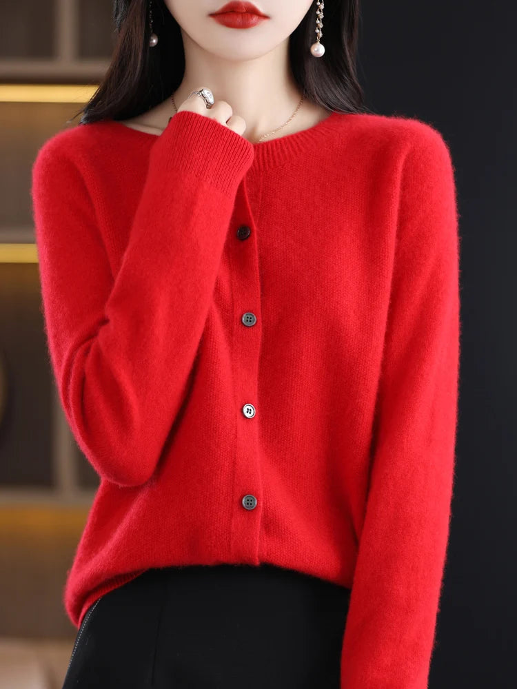 Long Sleeve 100% Wool Cashmere Cardigan O-Neck Knitwear Tops