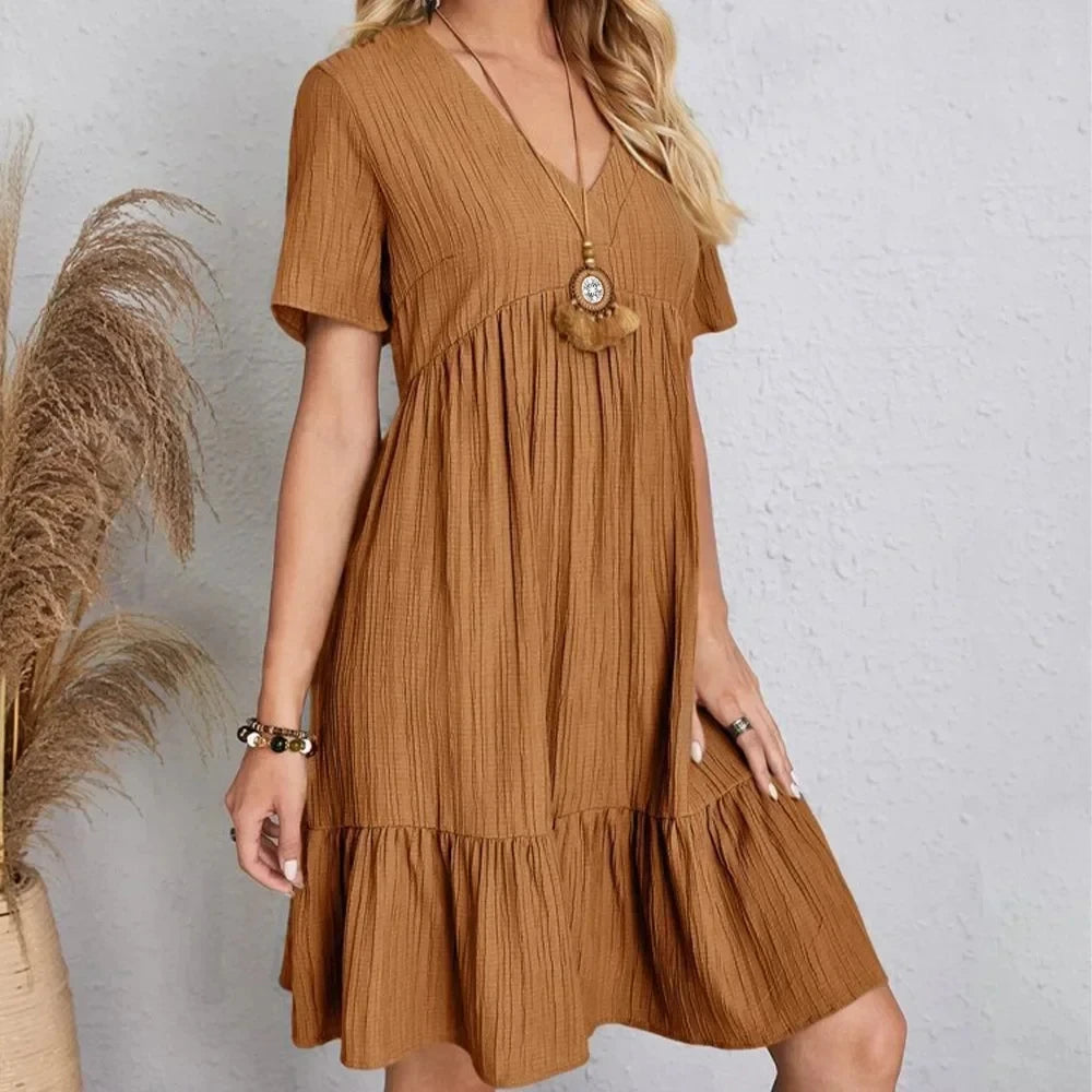 V-Neck Short Sleeve Loose Waist Ruffle Fit Flare Vocation Dress