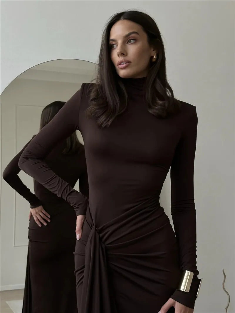 Turtleneck Thigh High Split Sexy Maxi Dress