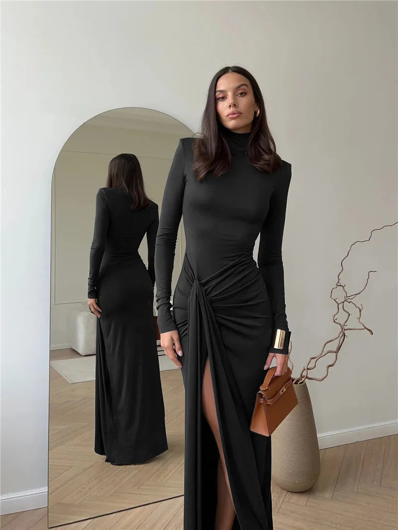 Turtleneck Thigh High Split Sexy Maxi Dress