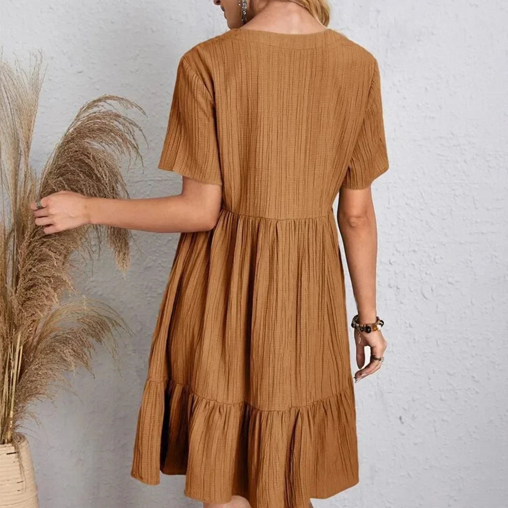 V-Neck Short Sleeve Loose Waist Ruffle Fit Flare Vocation Dress