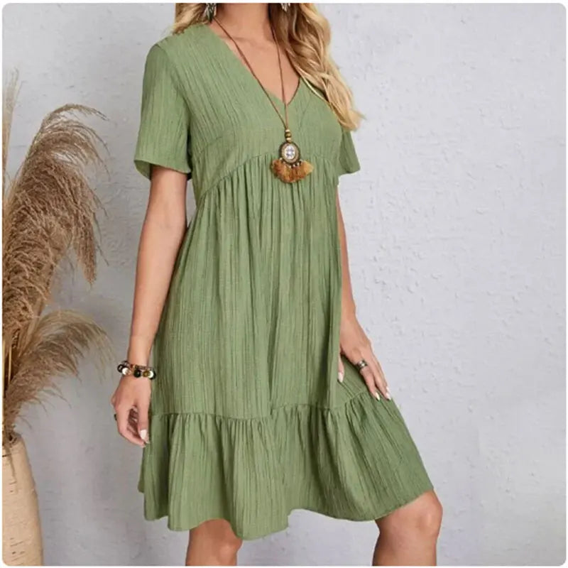 V-Neck Short Sleeve Loose Waist Ruffle Fit Flare Vocation Dress