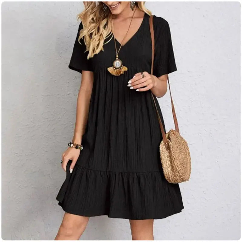 V-Neck Short Sleeve Loose Waist Ruffle Fit Flare Vocation Dress