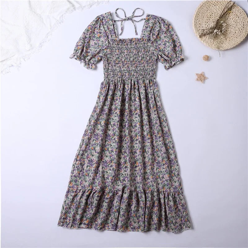 Pleated Chiffon Casual Short Sleeve Square Collar Midi Dress