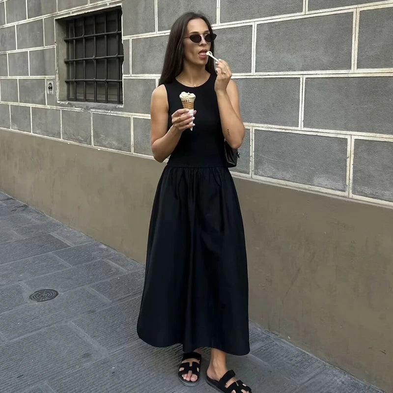 Sleeveless High Waist Slim Pleated Long Dress