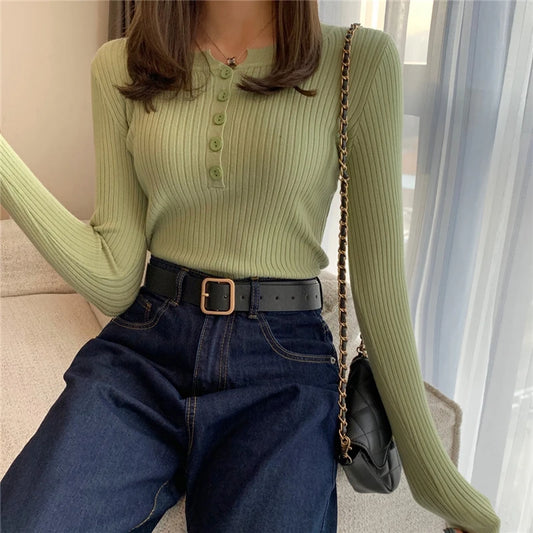 Knitted Button O-neck Pullovers Spring Basic Sweaters