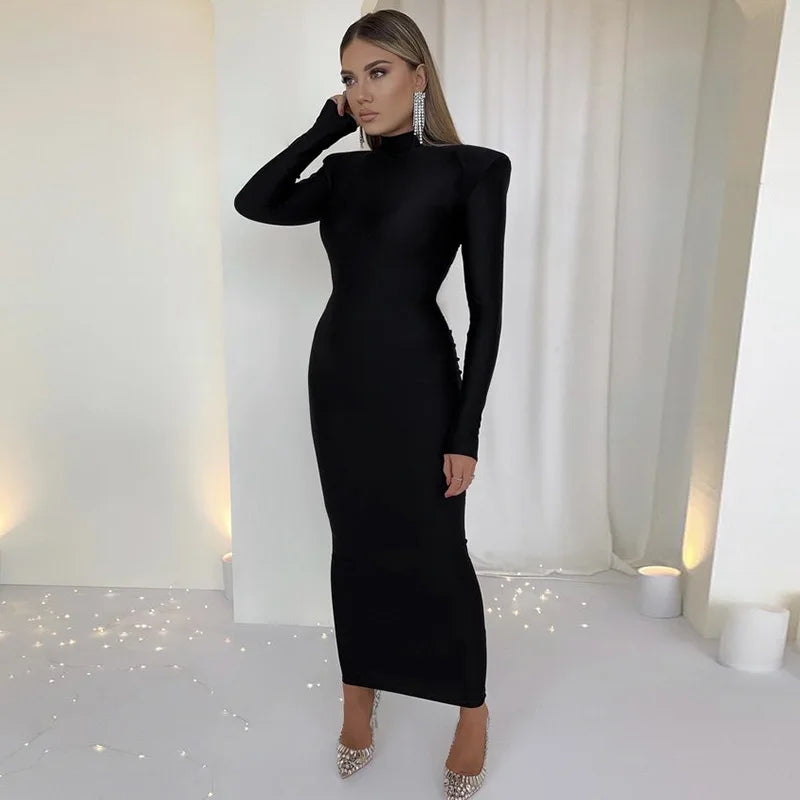 Shoulder Padded Long Sleeve Maxi Long Dress