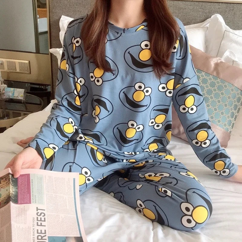 Thin 2 Pieces Cotton Round Neck Girls Pajamas Sets