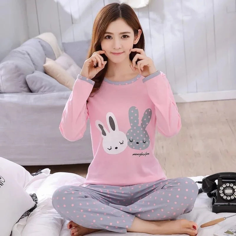 Thin 2 Pieces Cotton Round Neck Girls Pajamas Sets