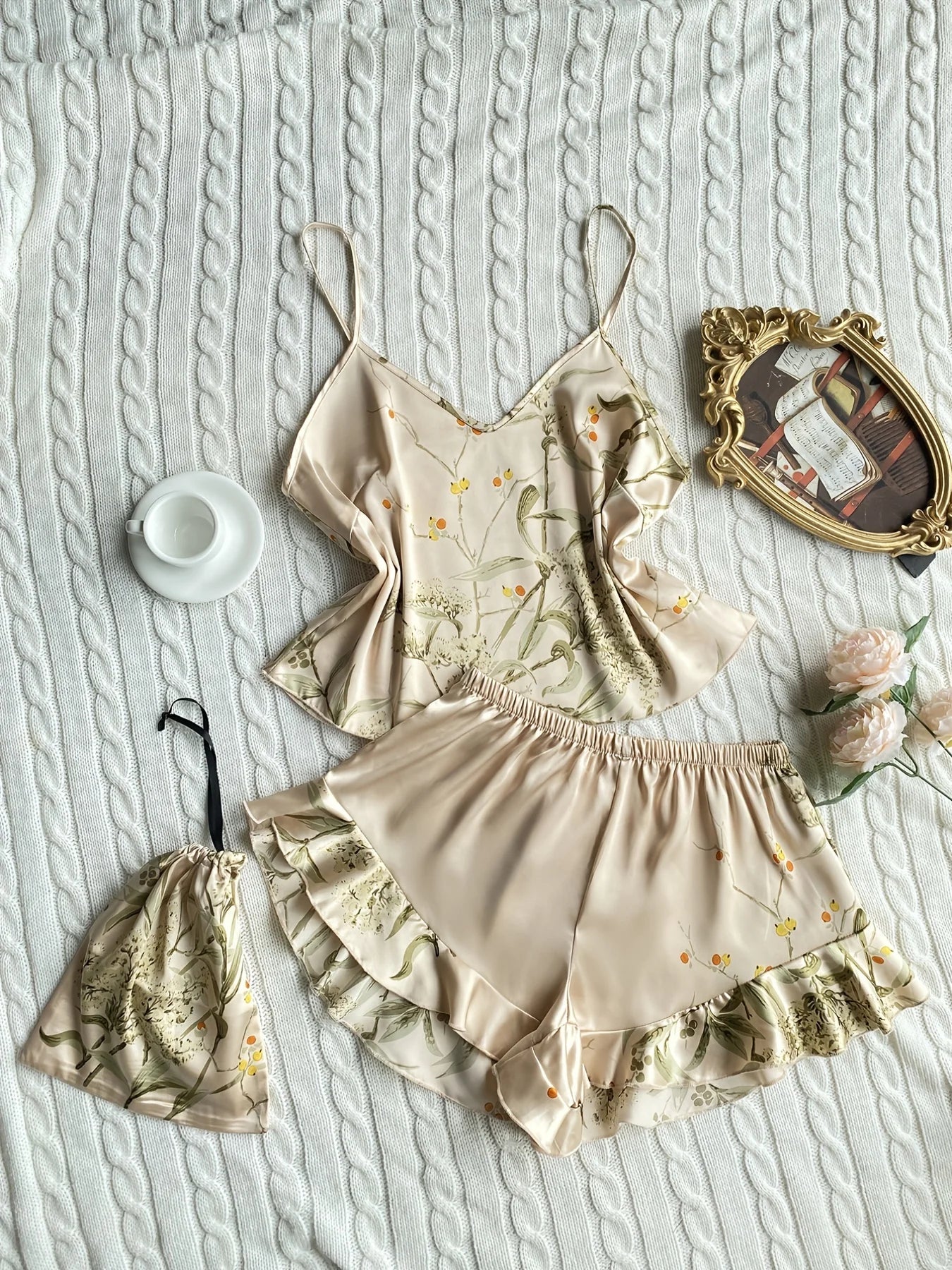 Elegant Floral Print Cami Tops Ruffle Hem Shorts Pajama Set