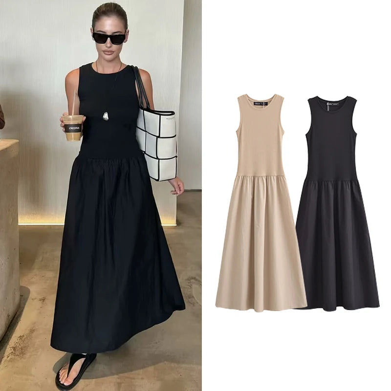 Sleeveless High Waist Slim Pleated Long Dress