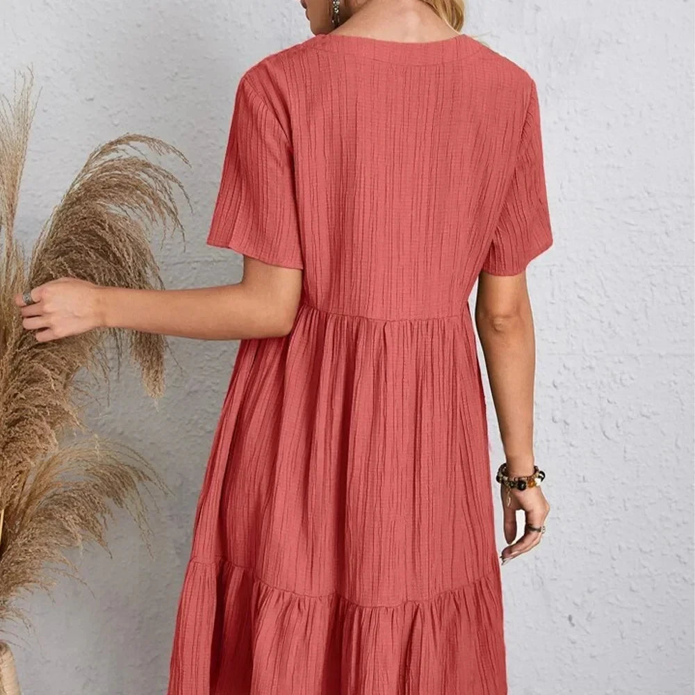 V-Neck Short Sleeve Loose Waist Ruffle Fit Flare Vocation Dress