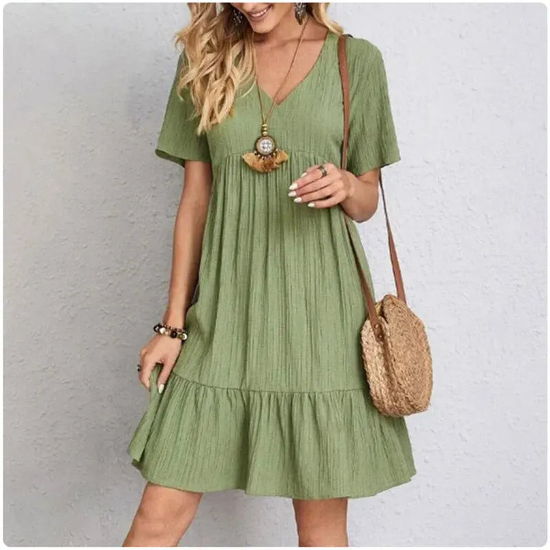 V-Neck Short Sleeve Loose Waist Ruffle Fit Flare Vocation Dress