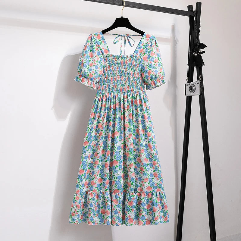 Pleated Chiffon Casual Short Sleeve Square Collar Midi Dress