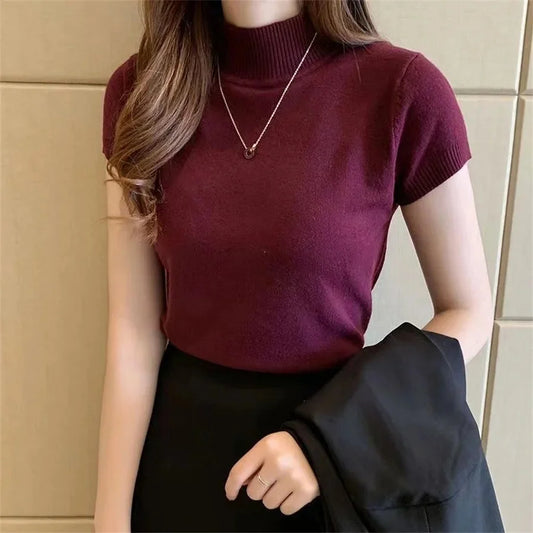 Knitted Pullover Lady Casual Turtleneck Solid Color Short Sleeve Blouse