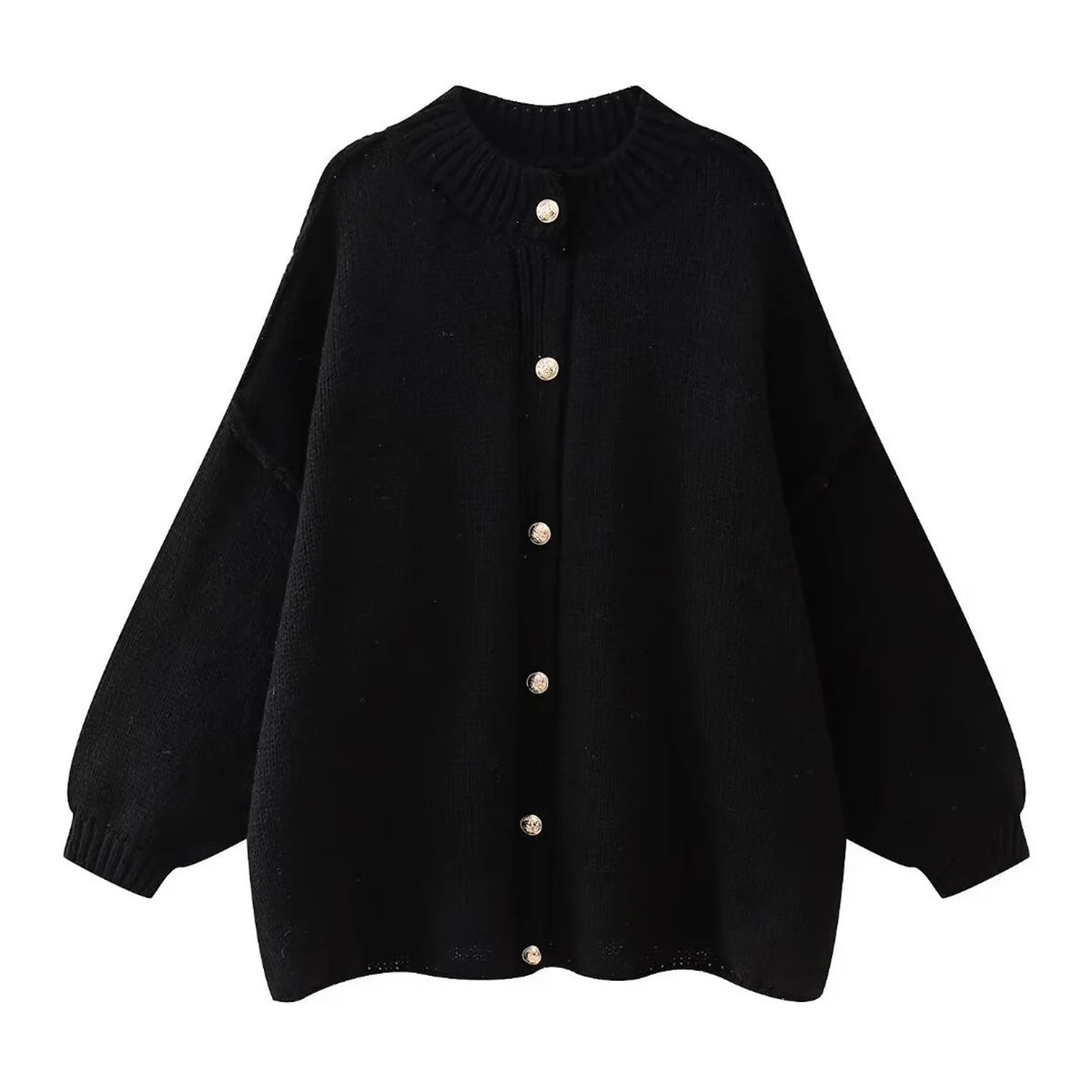 Loose O-neck Metal Button Cardigan Winter Casual Coat