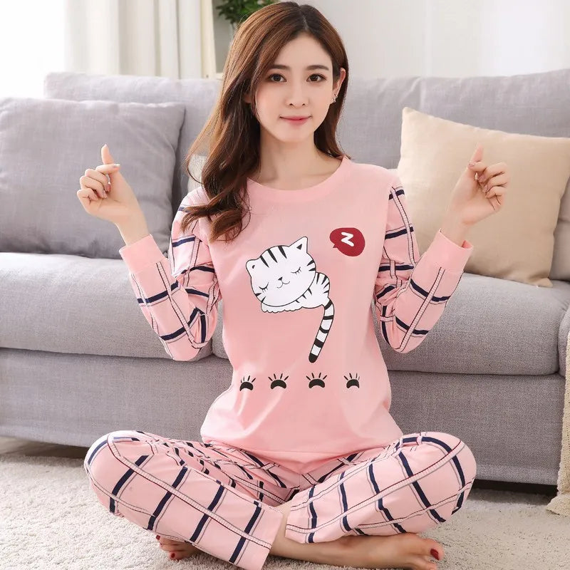 Thin 2 Pieces Cotton Round Neck Girls Pajamas Sets