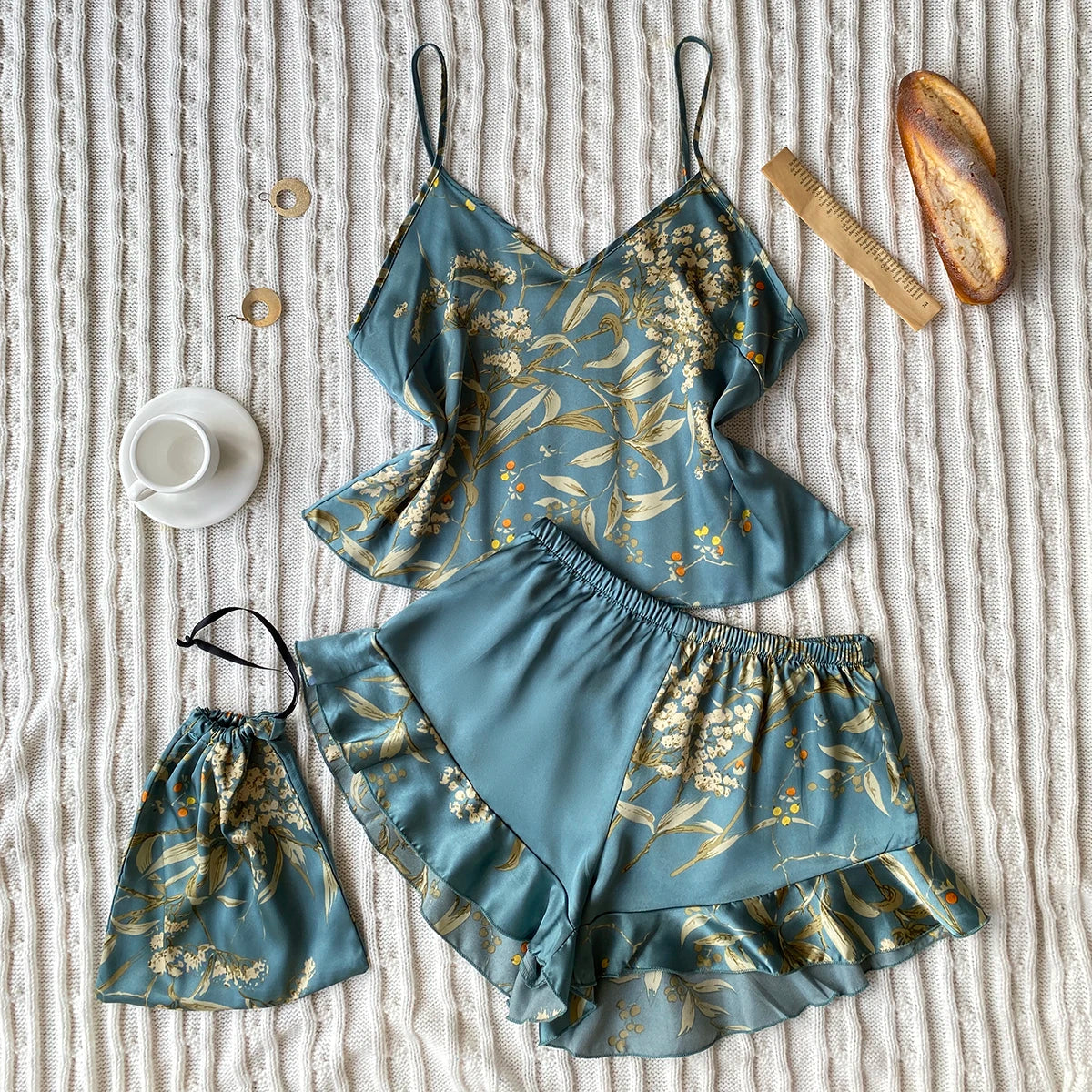 Elegant Floral Print Cami Tops Ruffle Hem Shorts Pajama Set