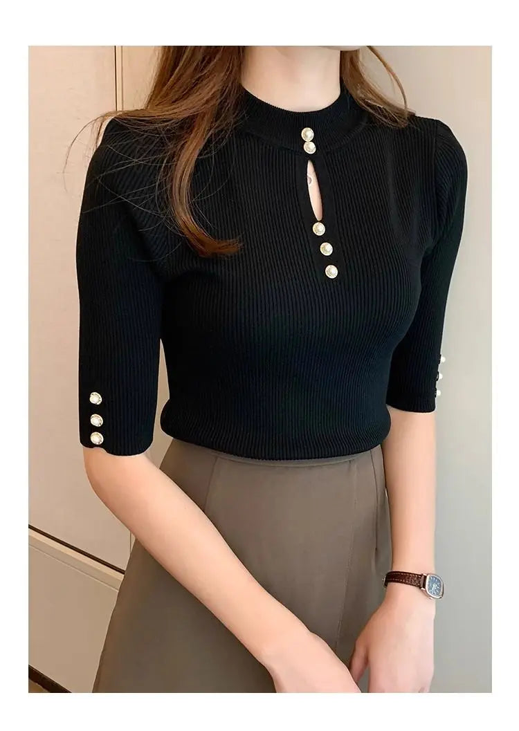 2024 Short Sleeve Casual Slim Female Pullover Knitted Top