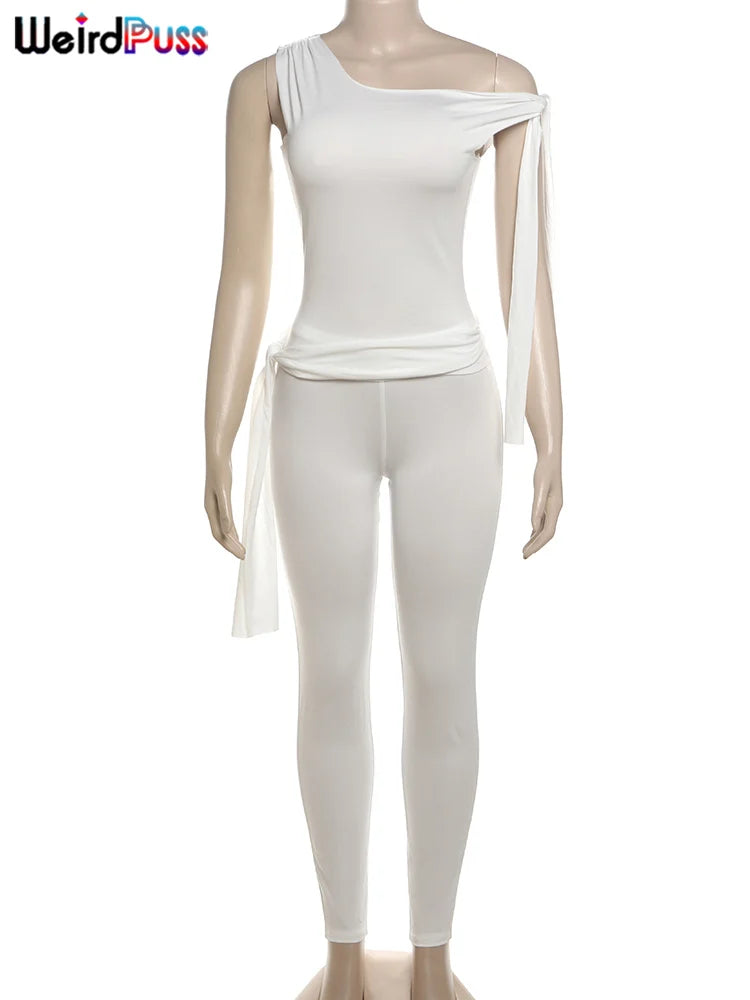 Elegant Skew Collar Ribbon Tank Top+Leggings Casual Skinny Stretch Matching Outfits