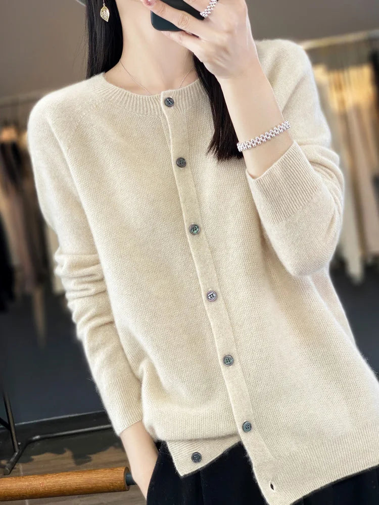 Long Sleeve 100% Wool Cashmere Cardigan O-Neck Knitwear Tops