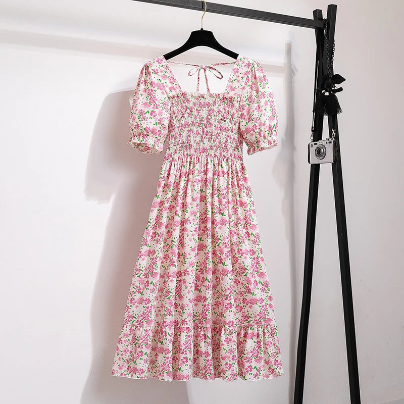 Pleated Chiffon Casual Short Sleeve Square Collar Midi Dress