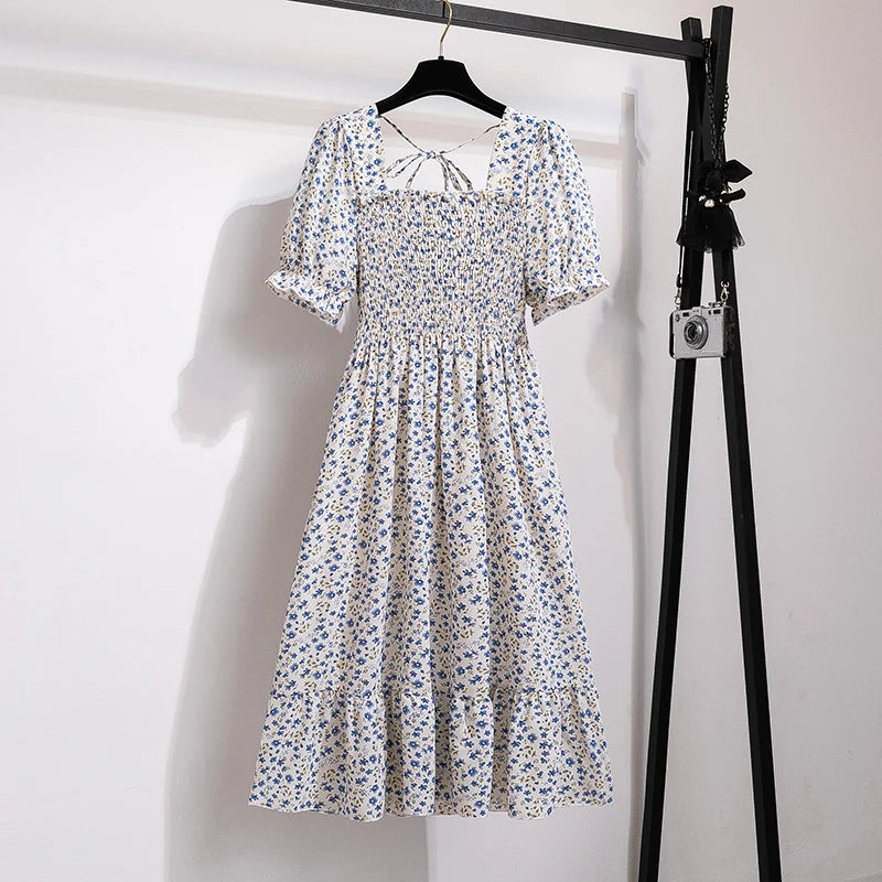 Pleated Chiffon Casual Short Sleeve Square Collar Midi Dress