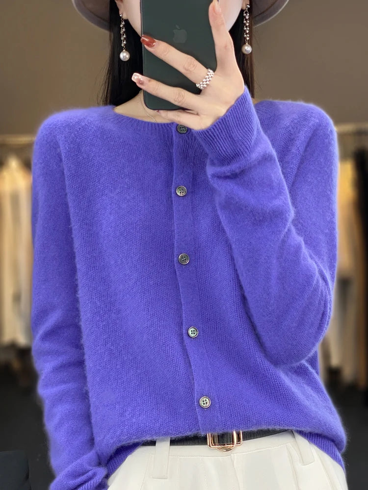 Long Sleeve 100% Wool Cashmere Cardigan O-Neck Knitwear Tops