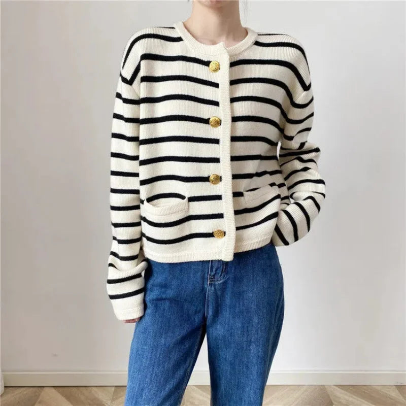 Women O-neck Stripe Knitted Cardigan Long Sleeve Sweater