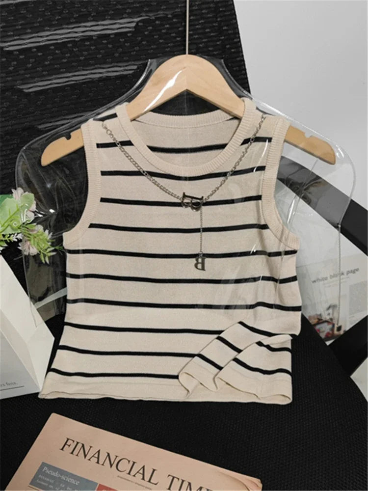 New 2024 Basic Bottoming Striped Chain Elasticity Vests Women Tank & Camis