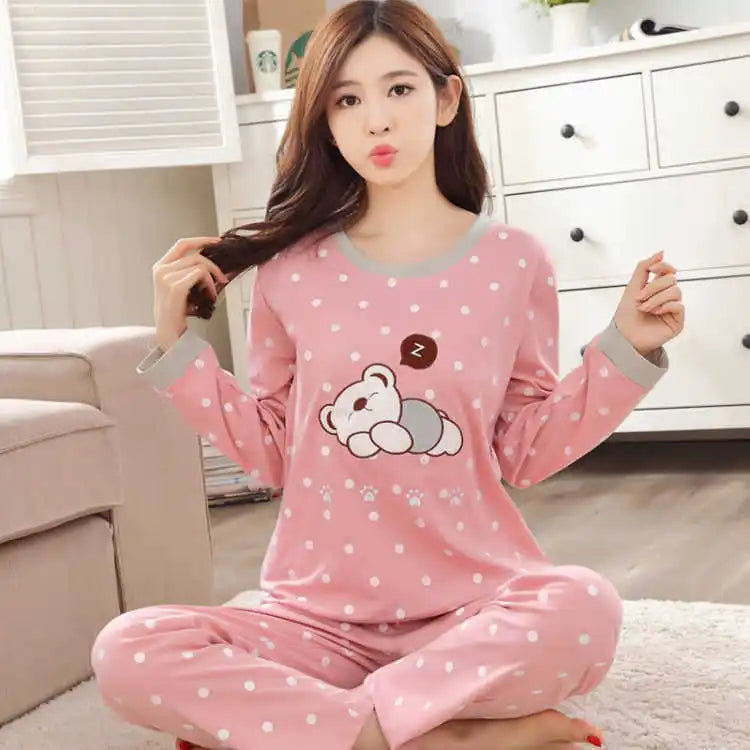 Thin 2 Pieces Cotton Round Neck Girls Pajamas Sets