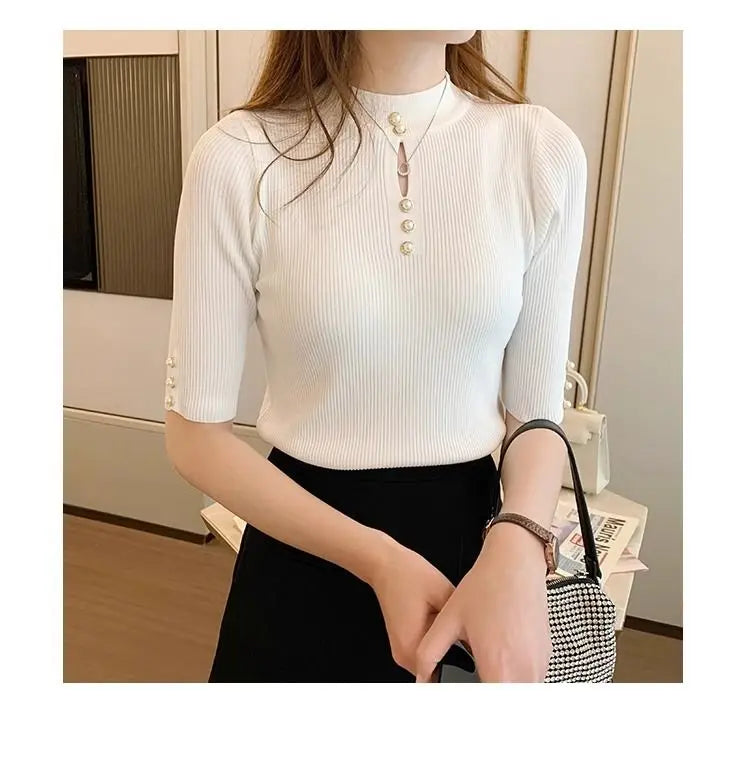 2024 Short Sleeve Casual Slim Female Pullover Knitted Top