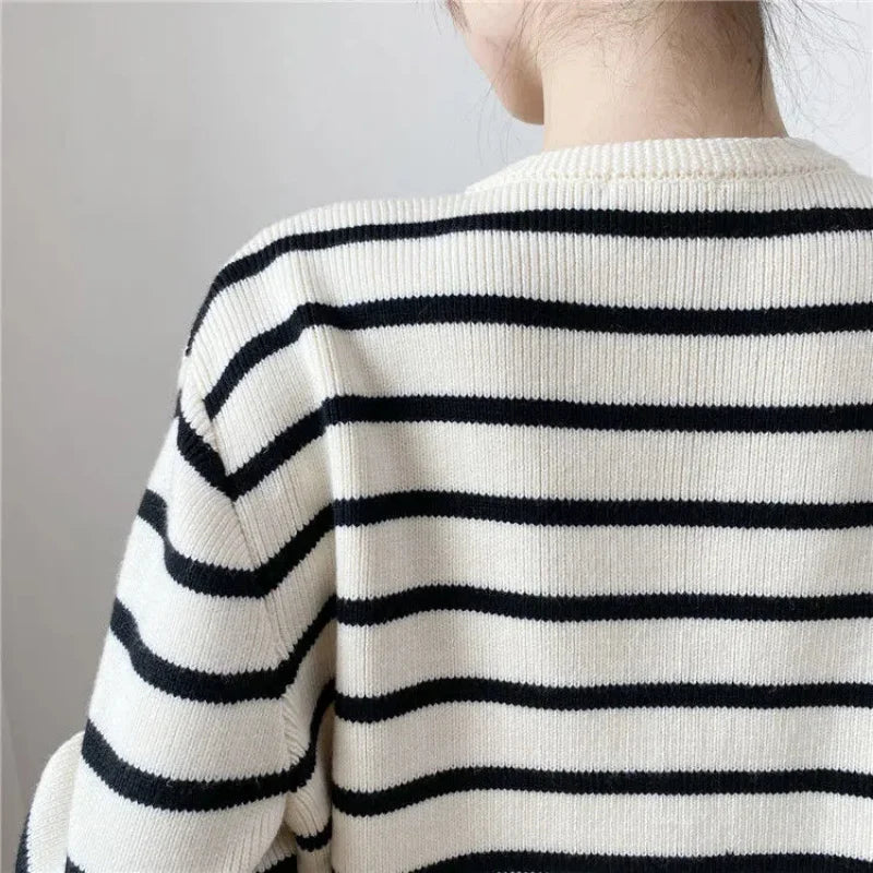 Women O-neck Stripe Knitted Cardigan Long Sleeve Sweater