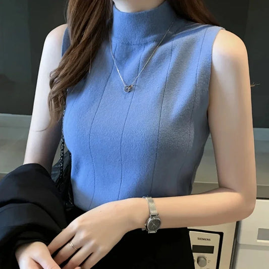 Casual Sleeveless Solid Women Knit Elastic Blusa