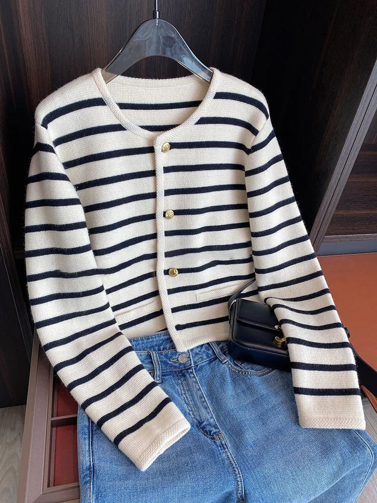 Women O-neck Stripe Knitted Cardigan Long Sleeve Sweater