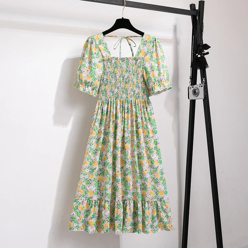 Pleated Chiffon Casual Short Sleeve Square Collar Midi Dress